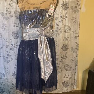 Strapless blue and silver dress